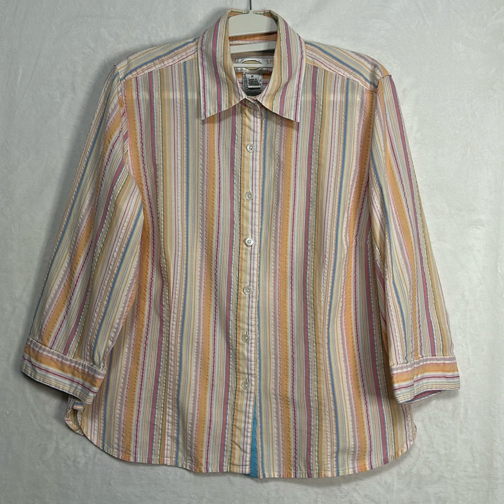 Vintage Talbots Multi Color Striped 3/4 Sleeves Button Down Shirt Size Medium